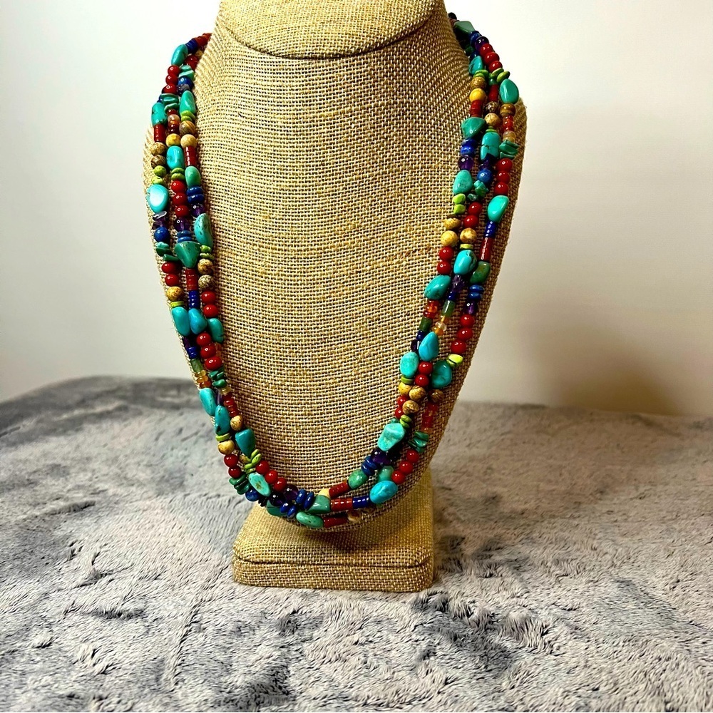 Turquoise Mixed Gemstone Triple Strand Sterling Necklace